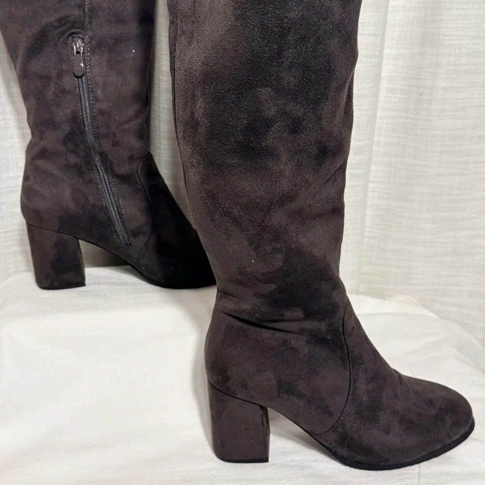 Dream Pairs Over The Knee Thigh High Sz 7‎ Gray Faux Suede Block Heel Side Zip